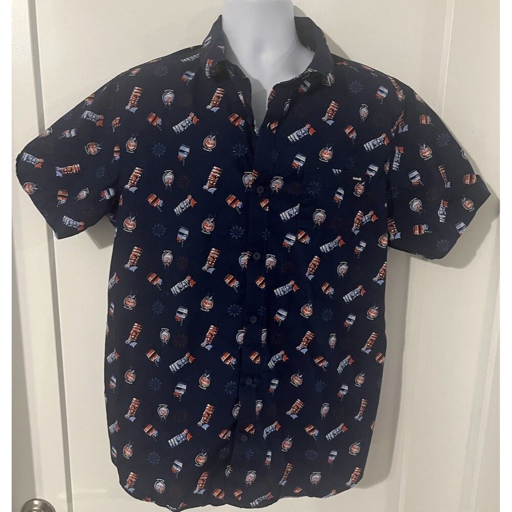 Hurley Freaky Tiki Cocktail Whiskey Drink Men’s Button Up Print Shirt Size L